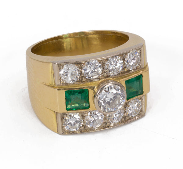 Bague vintage en or 18 carats avec diamants taillés en brillant (environ 2 carats) et émeraudes, 1960