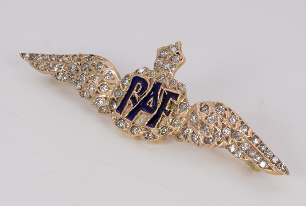 Broche d'honneur vintage de la RAF en or 9 carats avec diamants