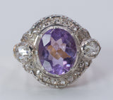 Vintage ring in 18k gold with amethyst and diamond rosettes, 1950s