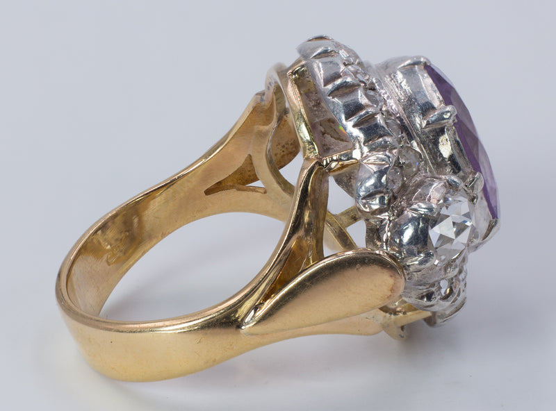 Anello vintage in oro 18k con ametista e rosette di diamante , anni 50