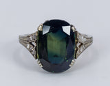 Vintage 18k gold ring with green topaz and rosette cut diamonds, 1930s