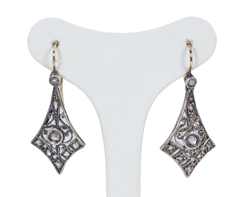 Art Decò earrings in 14k gold and silver with diamond rosettes, 1930s