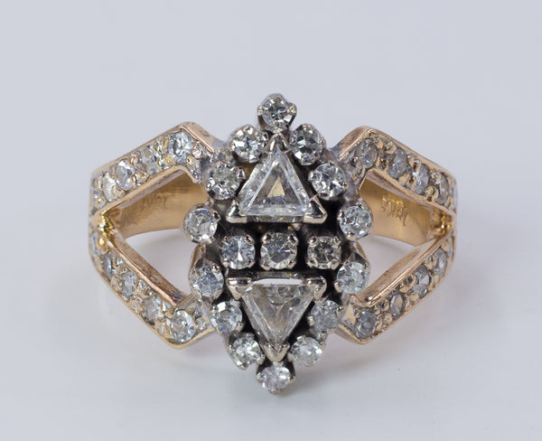 Anello vintage in oro 18k bicolore con diamanti triangolari e rotondi , anni 80