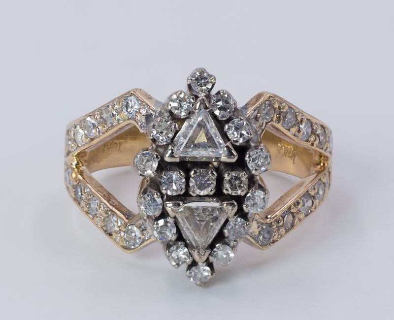 Bague vintage bicolore en or 18 carats avec diamants triangulaires et ronds, 1980