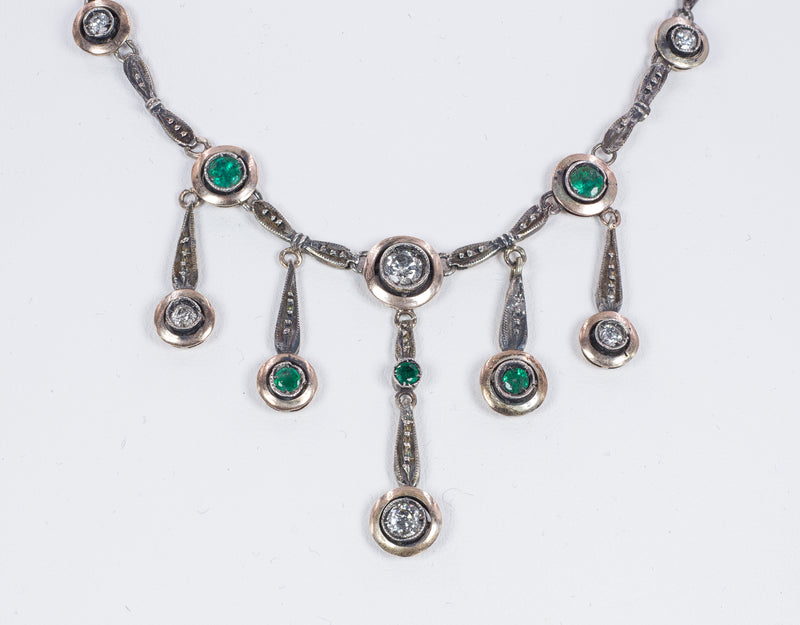 Liberty necklace in 14k gold and silver with diamonds and emeralds, 1920s