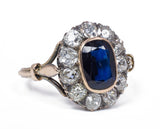 Antique 14k gold ring with sapphire and old cut diamonds, early 1900s