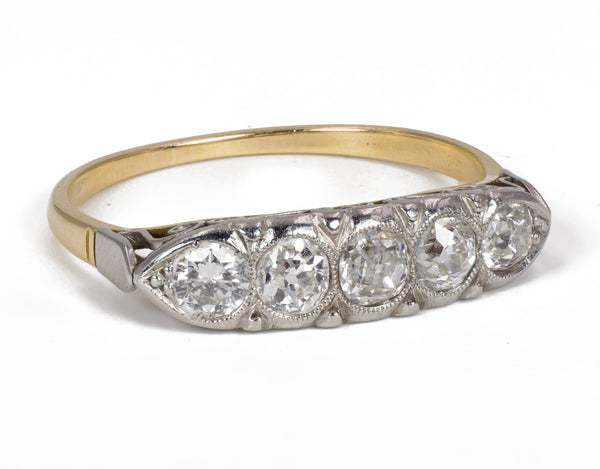 Antique riviera ring with 5 old cut diamonds, 1930s