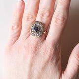 Anello vintage a margherita in oro 18K e argento con zaffiro e diamanti di taglio rosetta, anni '50