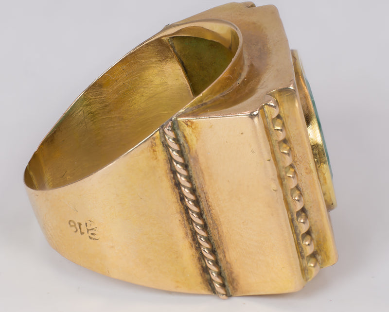 Bague pour homme vintage en or 18 carats avec émeraude sculptée