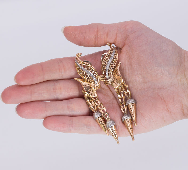 Orecchini pendenti vintage in oro 18k con diamanti, anni 40