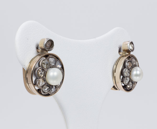 Boucles d'oreilles anciennes en or et argent avec diamants taillés en rosette et perles, début des années 1900