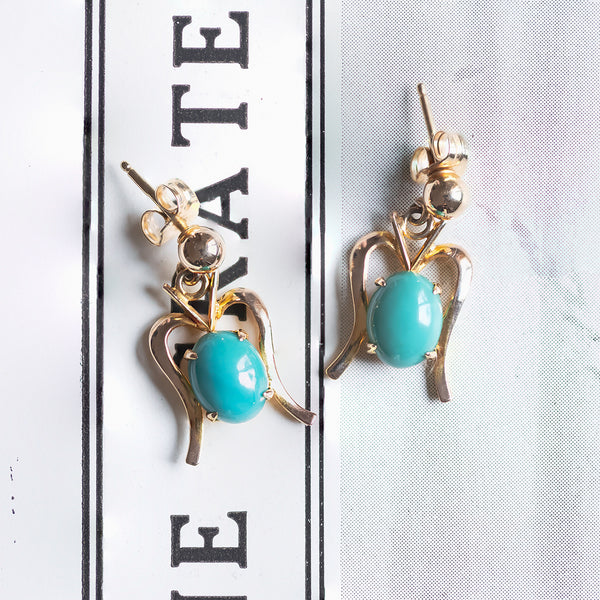 Boucles d'oreilles vintage en or 14 carats avec turquoise, années 60/70