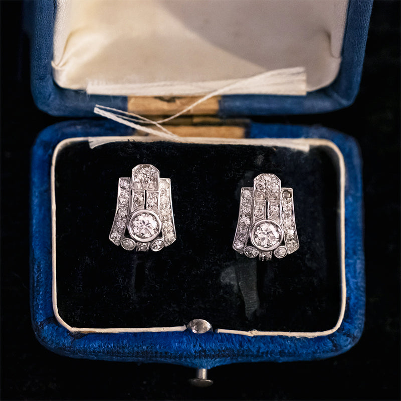 Boucles d'oreilles Art Déco en platine avec diamants (environ 1,80 ct), années 1930