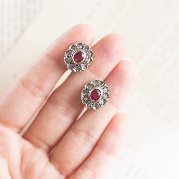 Vintage antique style earrings in 12K gold and silver with synthetic rubies and diamonds, 1970s