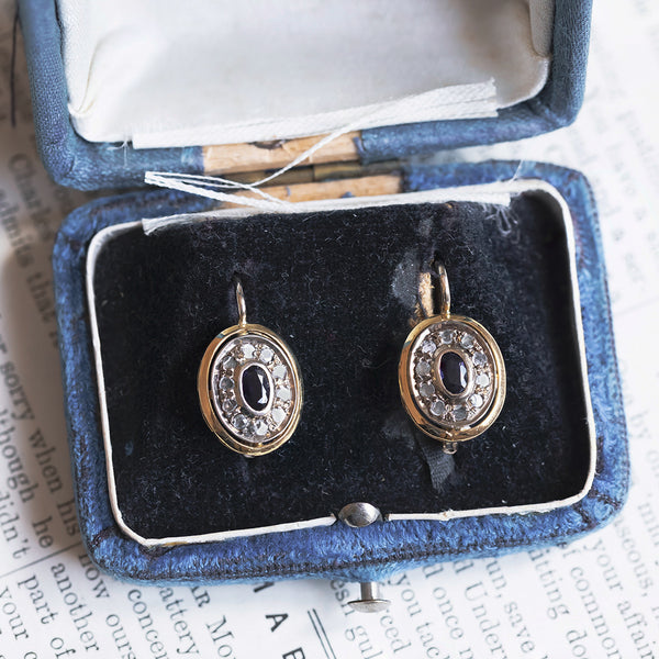 Boucles d'oreilles vintage en or 18 carats et argent avec saphir et diamants taillés en rosette, 1950