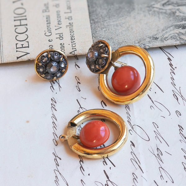 Deux boucles d'oreilles en un vintage en or 18 carats et argent avec corail et diamants, années 1970