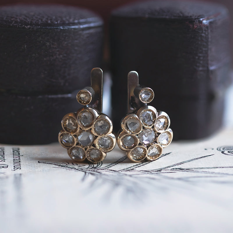 Boucles d'oreilles anciennes en or 14 carats avec diamants taillés en rosette, début des années 1900