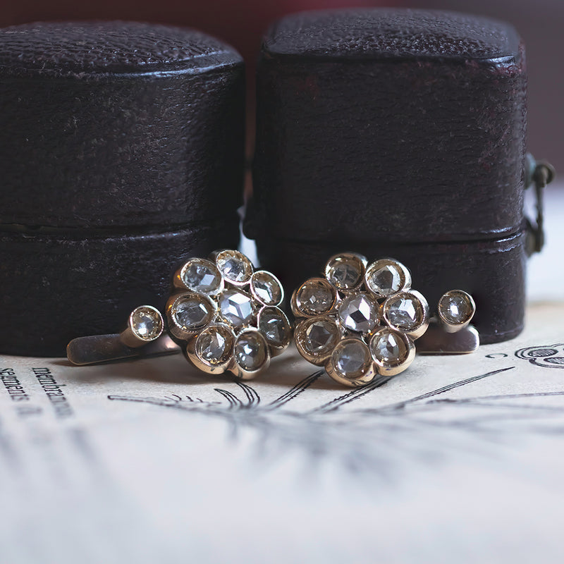 Boucles d'oreilles anciennes en or 14 carats avec diamants taillés en rosette, début des années 1900