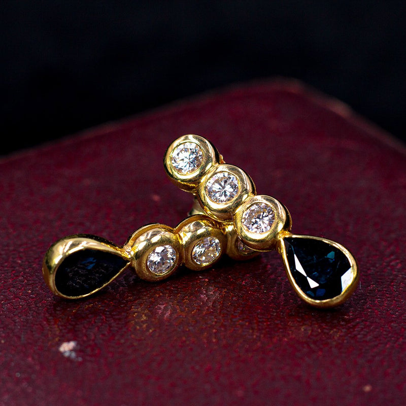Orecchini vintage in oro 18K con diamanti e zaffiro, anni '70 - Antichità Galliera
