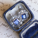 Antique 18K white gold earrings with sapphires and rosette cut diamonds, 40s