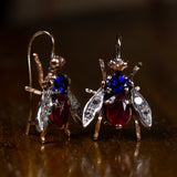 Orecchini a forma di mosca in stile antico, in oro 9K e argento, con rubini, zaffiri e rosette - Antichità Galliera