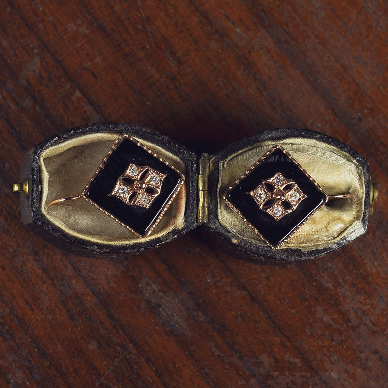 Orecchini in stile antico in oro 9K, argento, onice e diamanti - Antichità Galliera