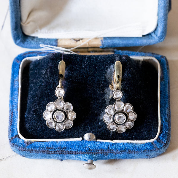 Orecchini antichi in oro 18K e argento con diamanti di taglio rosetta, primi del '900