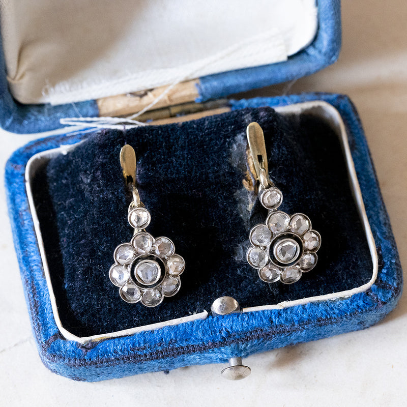 Antique 18K gold and silver earrings with rosette cut diamonds, early 1900s