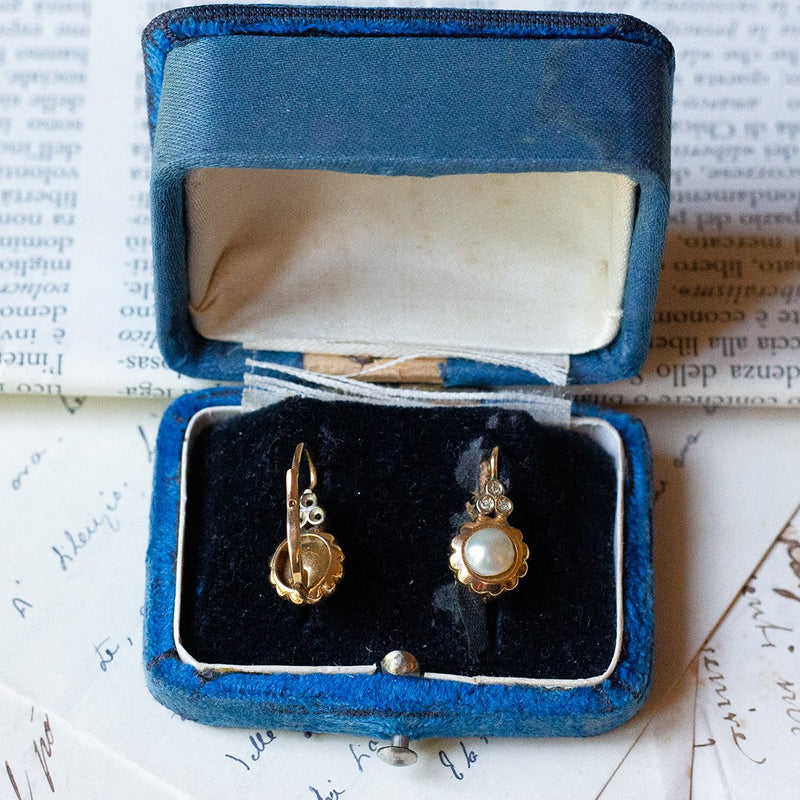 Orecchini vintage in oro 18K con perle e diamanti, anni '50 - Antichità Galliera
