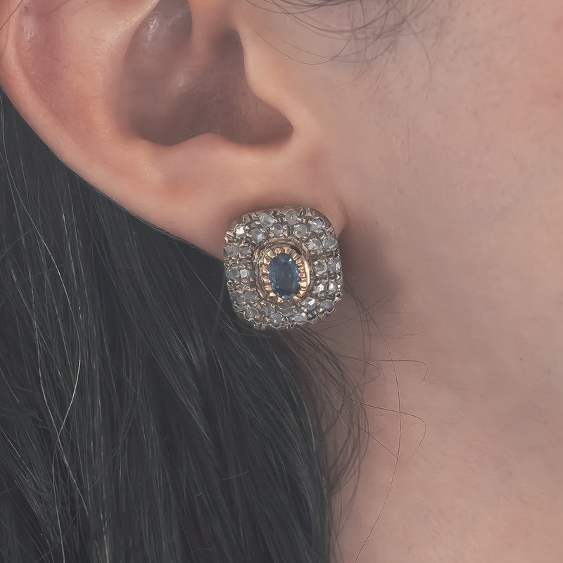 Orecchini vintage in oro 14K con zaffiri e diamanti, anni '70
