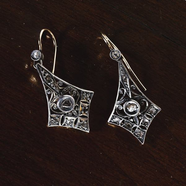 Boucles d'oreilles Art Déco en or 14 carats et argent avec diamants, années 1930