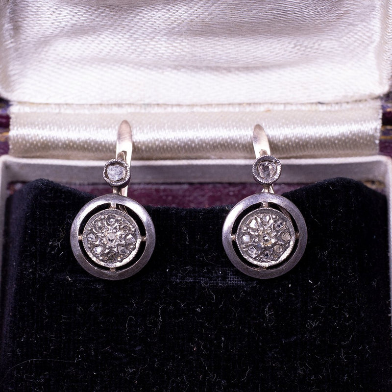Orecchini a toppa antichi in oro 9K e argento con rosette di diamante, primi del '900 - Antichità Galliera