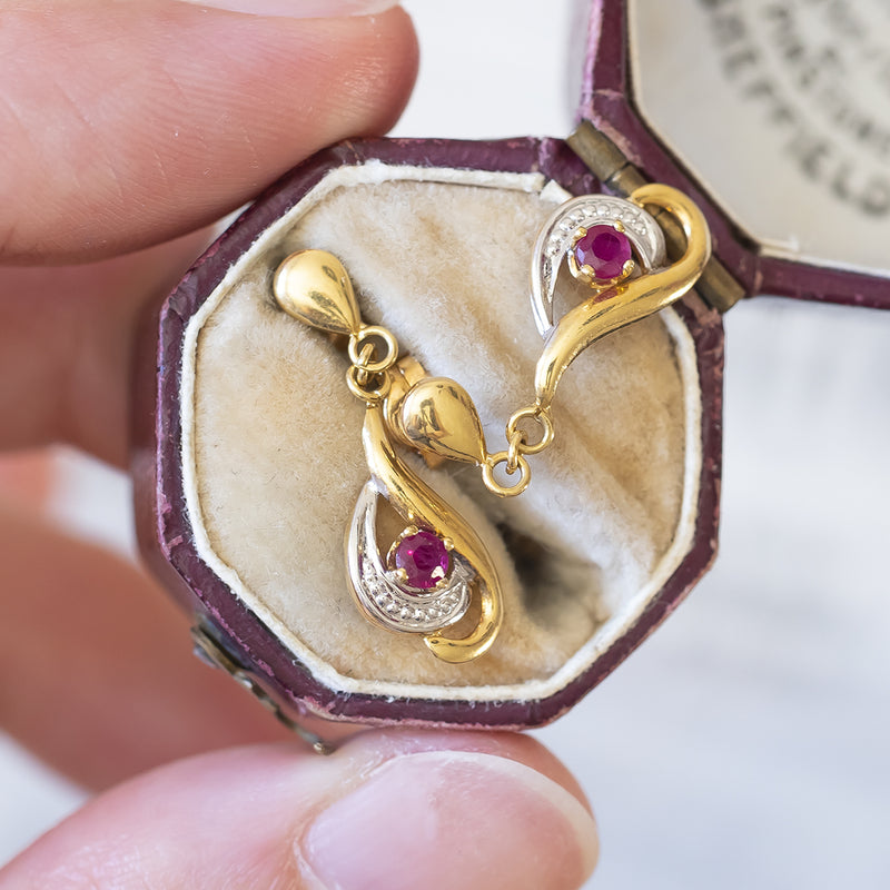 Vintage 18K gold earrings with rubies, 60s / 70s
