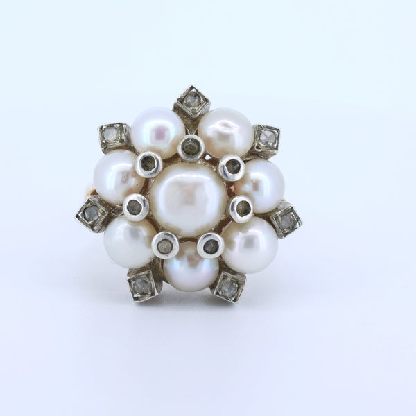 Anello in oro 14 k e argento con perle e rosette di diamante , stile anni 50
