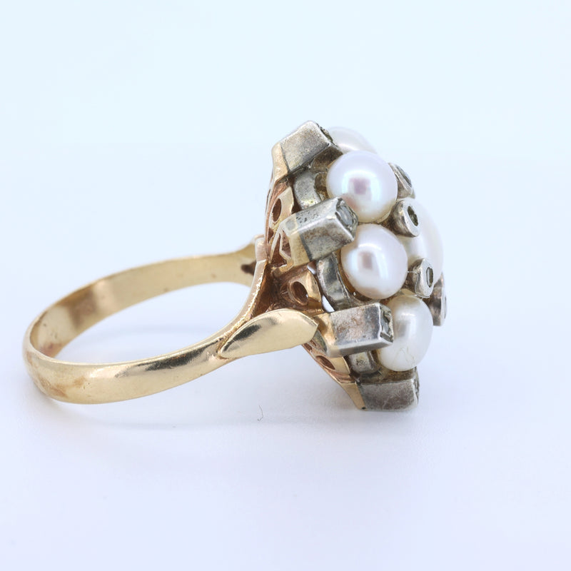 Anello in oro 14 k e argento con perle e rosette di diamante , stile anni 50