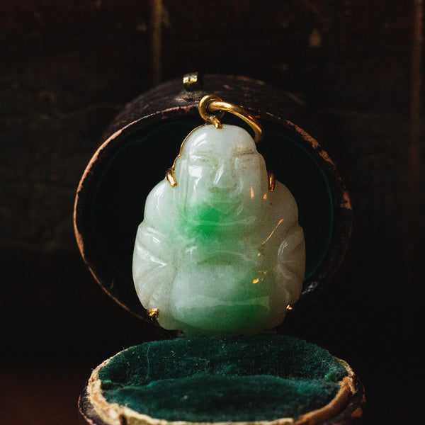 Pendentif vintage en forme de bouddha en or 18 carats et jade, années 70/80