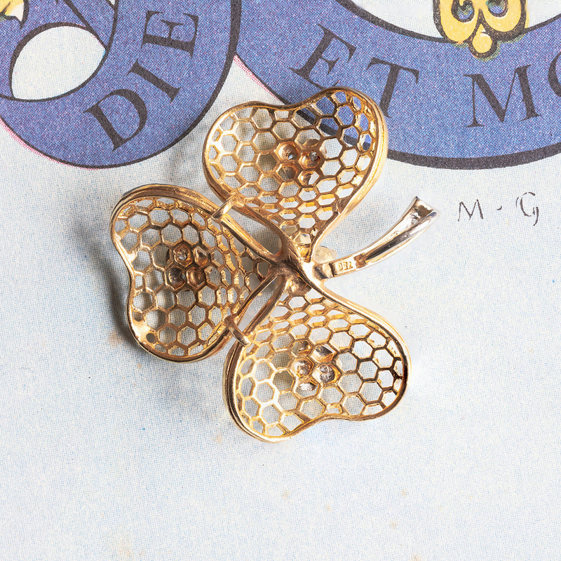Pendente vintage a trifoglio in oro 18K con diamanti e zaffiri, anni '60