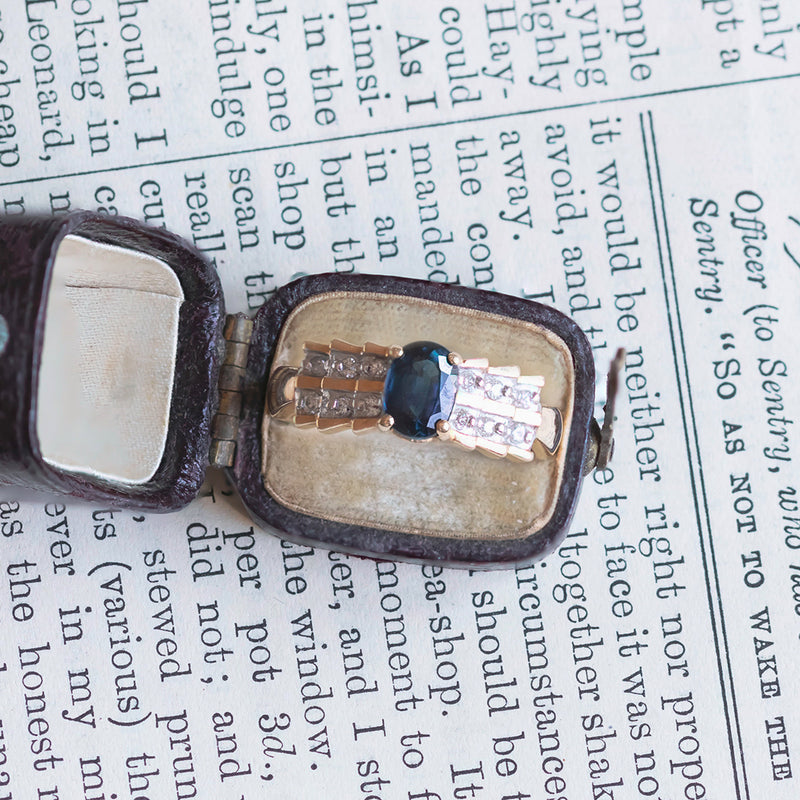 Anello vintage in oro 14K con zaffiro e diamanti, anni '50/'60