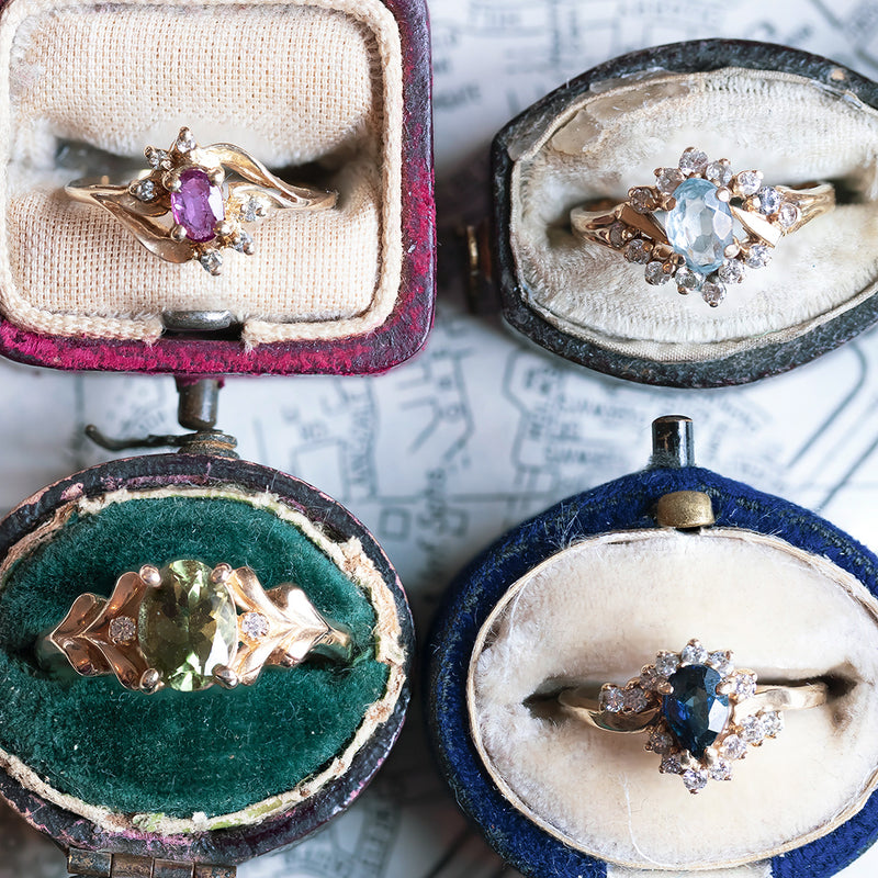 Anello vintage in oro 14K con acquamarina e diamanti, anni '50/'60