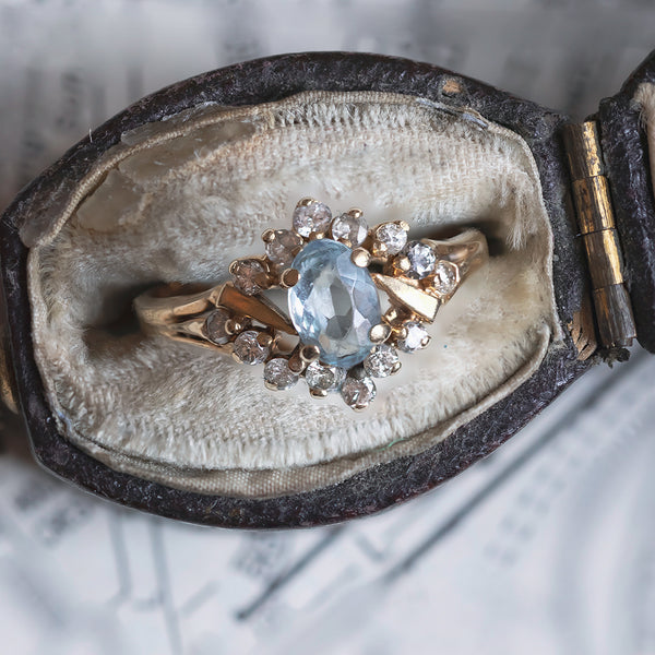 Vintage 14K gold ring with aquamarine and diamonds, 1950s / 60s