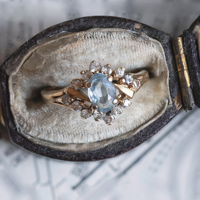 Anello vintage in oro 14K con acquamarina e diamanti, anni '50/'60