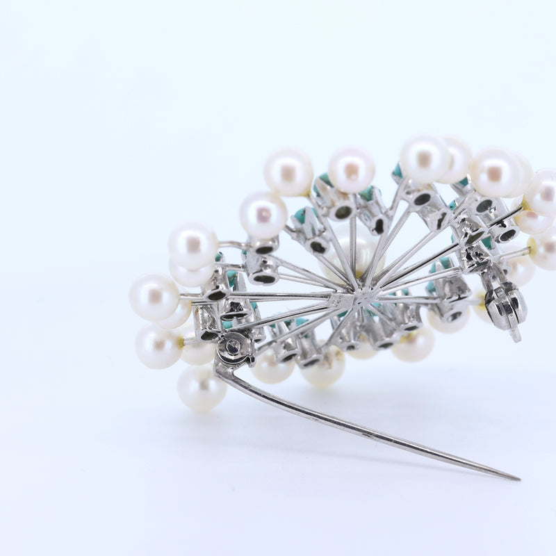 Vintage 18K gold brooch with pearls and turquoise, 1960s