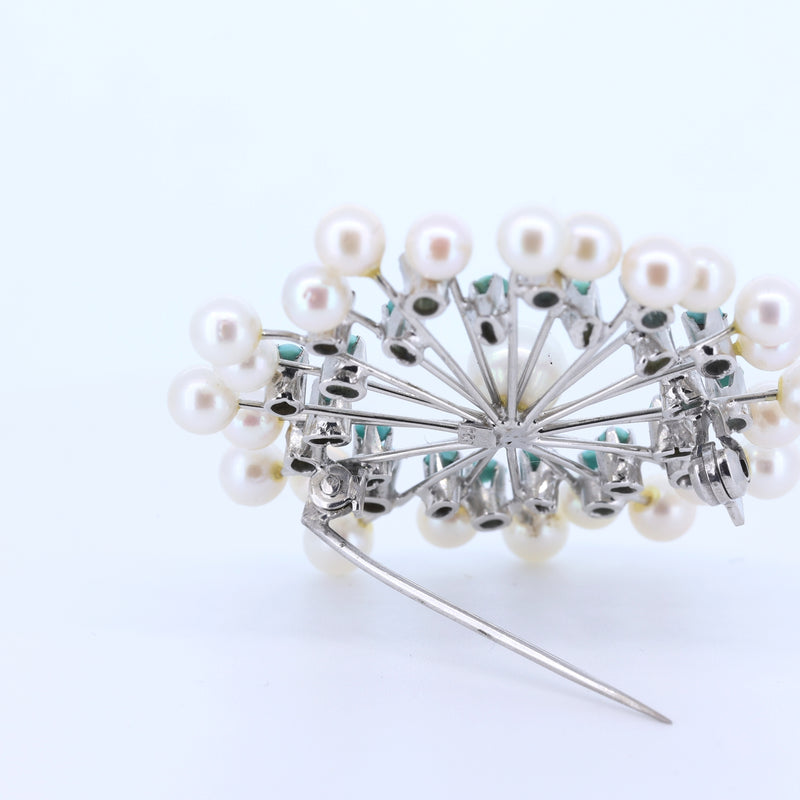 Vintage 18K gold brooch with pearls and turquoise, 1960s
