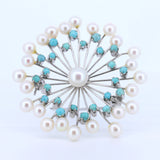 Vintage 18 Karat Goldbrosche mit Perlen und Türkis, 60er Jahre