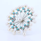 Vintage 18K gold brooch with pearls and turquoises, 60s