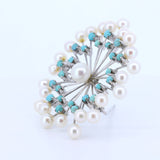 Vintage 18K gold brooch with pearls and turquoises, 60s