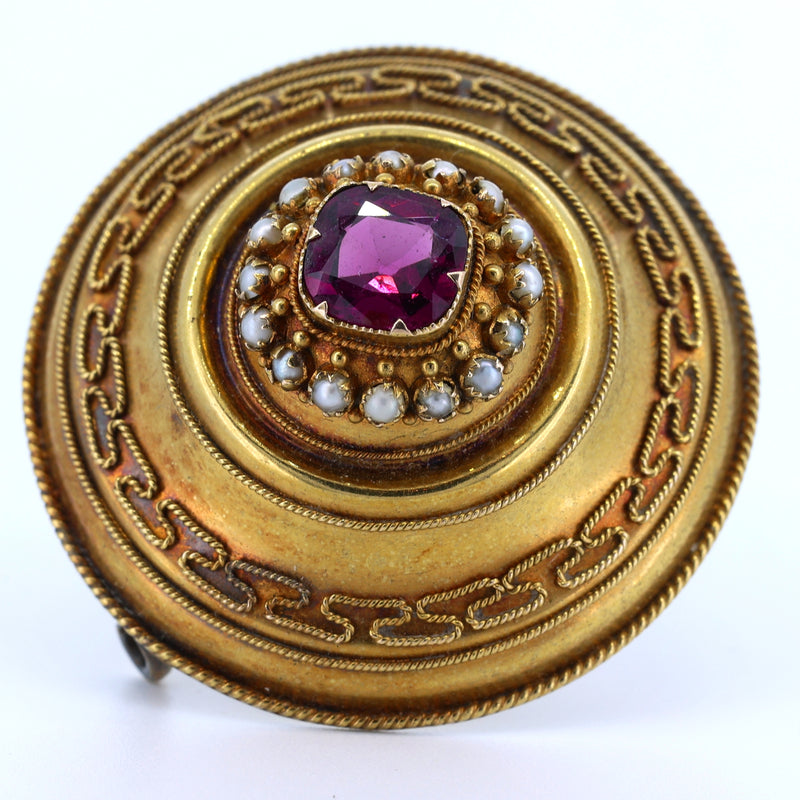 Antique 14k gold brooch with purple tourmaline. mid nineteenth century