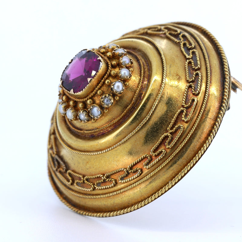 Antique 14k gold brooch with purple tourmaline. mid nineteenth century