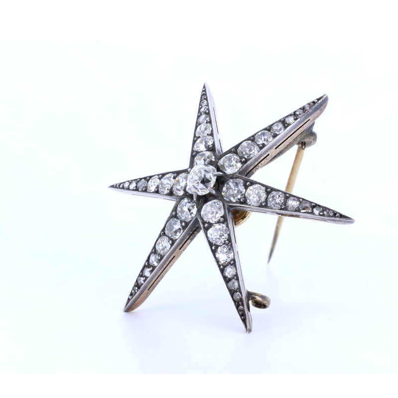 Spilla/ciondolo antica a forma di stella in oro e argento con diamanti, primissimi '900