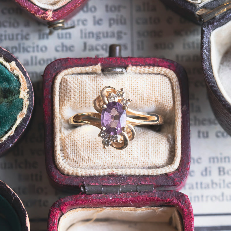 Anello vintage in oro 14K con topazio viola e diamanti, anni '50